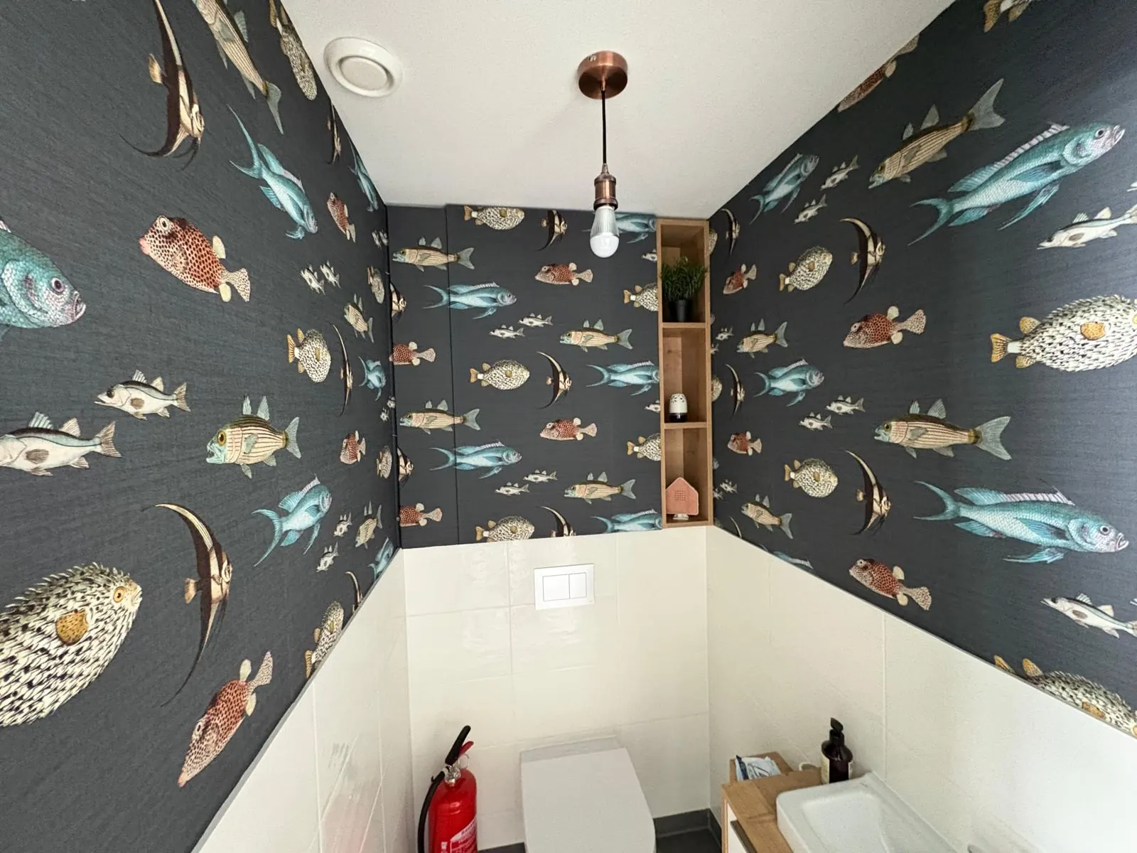 Gäste-WC mit dunkler Tapete mit Fischmotiv